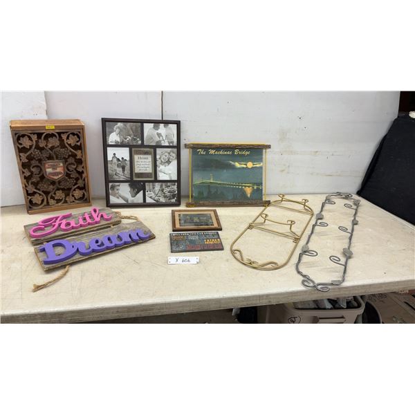 Wall Décor Lot: Carved Wood Plaque, Mackinac Bridge, Faith and Dream Signs, Collage Frame and More