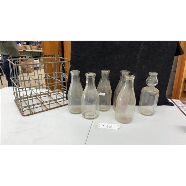 Vintage Metal Milk Crate and 6 Glass Milk Bottles Including Peerless, Multi-Milk, and More
