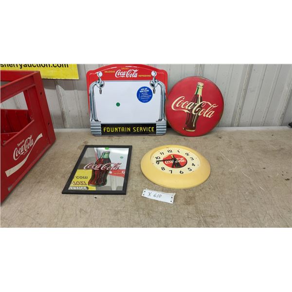 Coca-Cola Collectibles: Button Sign, Fountain Service Memo Board, Mirror, and 1989 Wall Clock