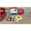Image 1 : Coca-Cola Collectibles: Button Sign, Fountain Service Memo Board, Mirror, and 1989 Wall Clock