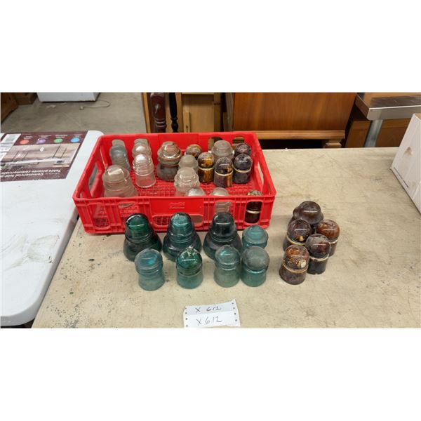 Collection of Vintage Glass and Ceramic Utility Pole Insulators in Crate