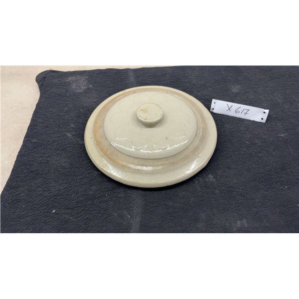 Vintage Red Wing Ceramic 2 Gallon Crock Lid with Cream Glaze and Impressed Floral Pattern