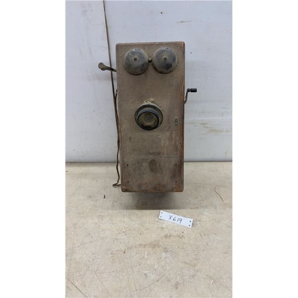 Antique Wooden Wall-Mounted Magneto Crank Telephone with Double Bells, Circa 1890s-1920s.