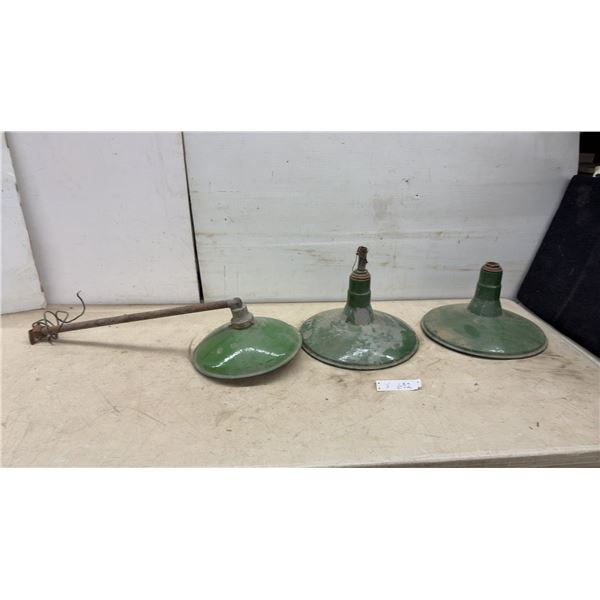 2 Vintage Industrial Green Enamel Barn Light Fixtures 14" Diameter & 12" With Gooseneck Wall Mount