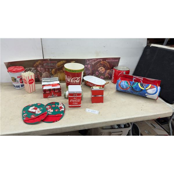 Coca-Cola Collectibles: Vintage Tins, Wall Border, Popcorn Holder, Pot Holders, and More