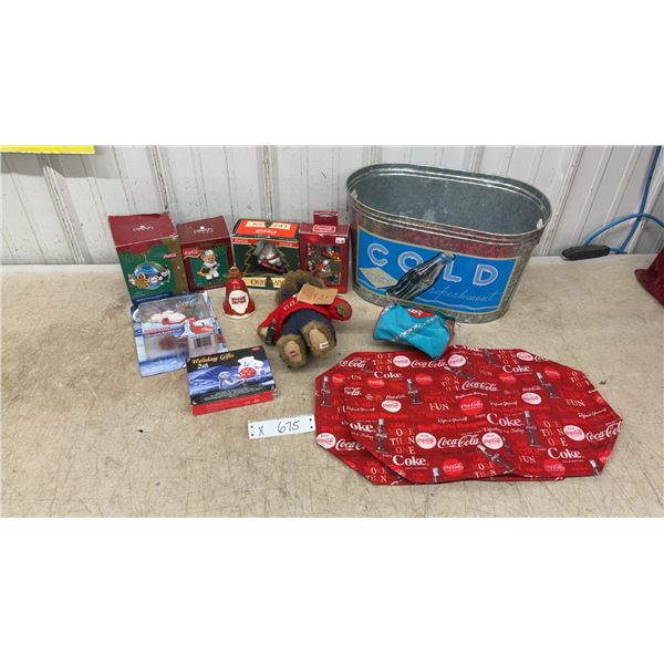 Coca-Cola Collectibles Lot: Galvanized Tin, Ornaments, Plush Bear, Placemats, Bell and More
