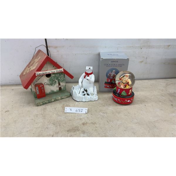 Coca-Cola Birdhouse, Polar Bear Bank, and Hallmark Coca-Cola Santa Musical Snow Globe