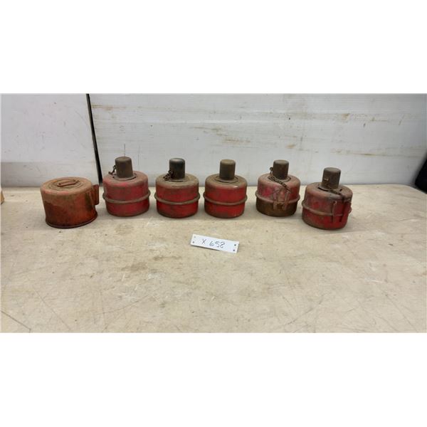 Vintage Red Cast Iron Railroad Fusee Flare Signal Lamps with Chained Caps, Set of 6