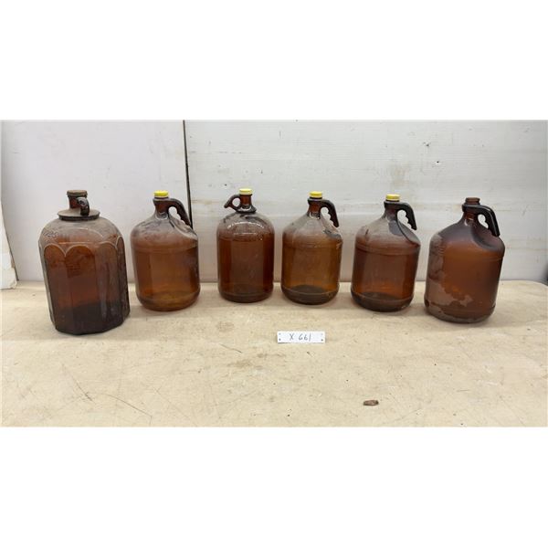 Six Vintage Amber Glass Purex / Bleach Gallon Jugs With Handles, Late 1920s to 1940s