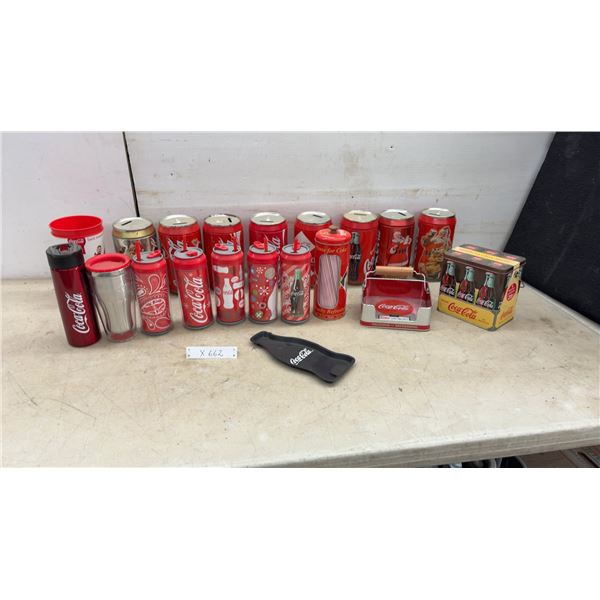 Coca-Cola Collectibles: Bottle-Shaped Tray, Can Banks, Tumblers, Straw Holder, and More