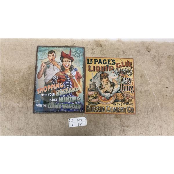 Two Decorative Tin Signs Including "Shopping With Your Husband" and Le Page's Liquid Glue- Largest
