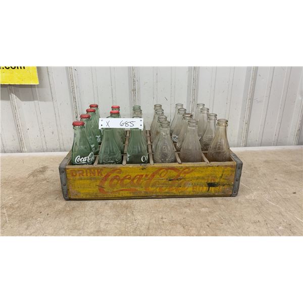 Vintage Coca-Cola Yellow Wooden Crate with 24 Assorted 6 1/2 oz. Green and Clear Glass Bottles