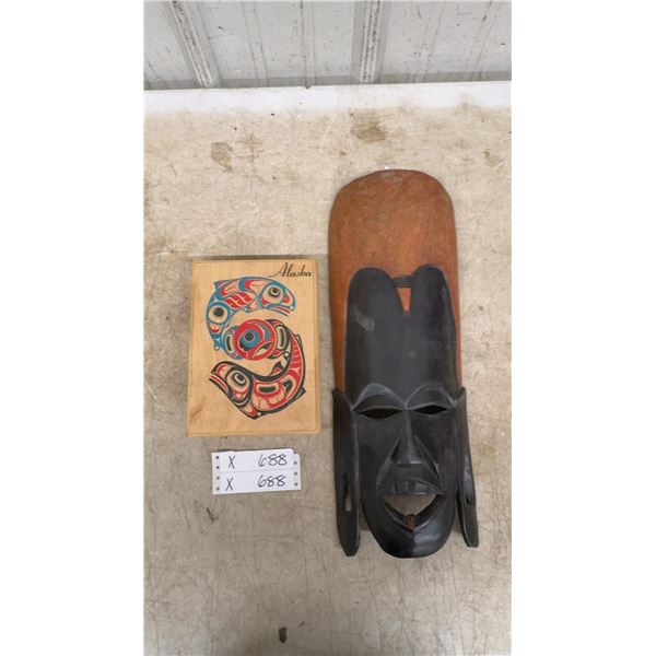 Alaska Souvenir Wooden Box with Salmon Formline Art and Carved African-Style Wooden Mask