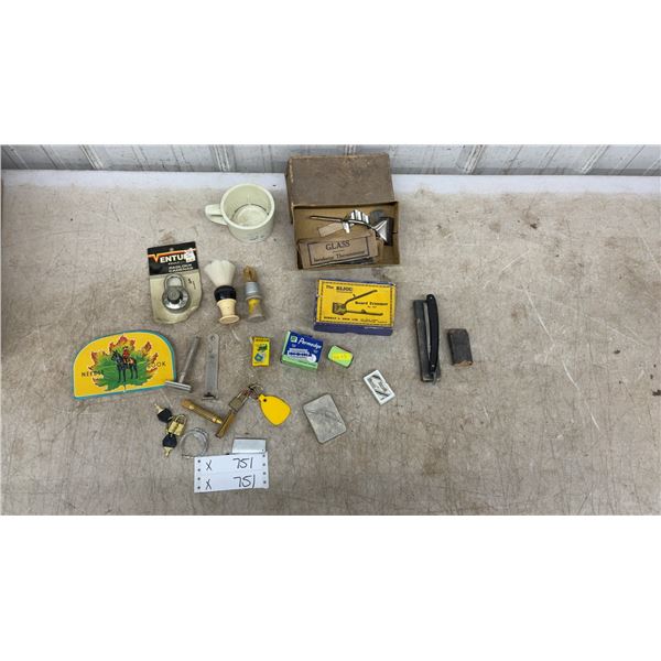 Vintage Shaving Lot: Beard Trimmers, Safety Razors, Padlocks, Blades, Mug, Brushes and More
