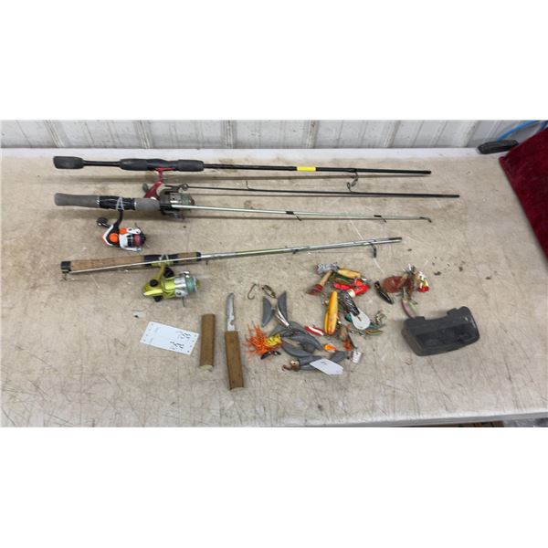 Fishing Rods and Reels, Lures, Sinkers, and Steel Utility Knife with Wooden Sheath