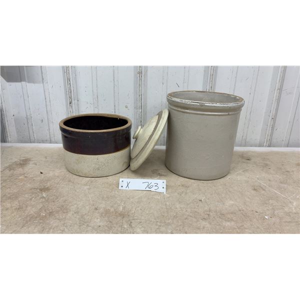 Vintage Stoneware Crocks, Two-Tone Brown and Beige Crock and Lighter Crock With Lid