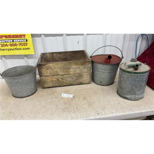 Galvanized Bucket, Wooden Crate, and 2 Vintage Galvanized Fuel Cans with Spouts