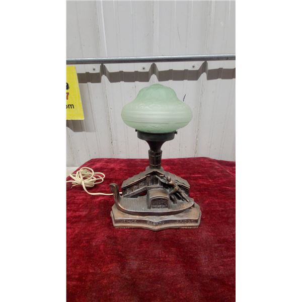 Art Deco Venice Rialto Bridge Table Lamp with Green Frosted Glass Shade, Circa 1920s-1940s Working
