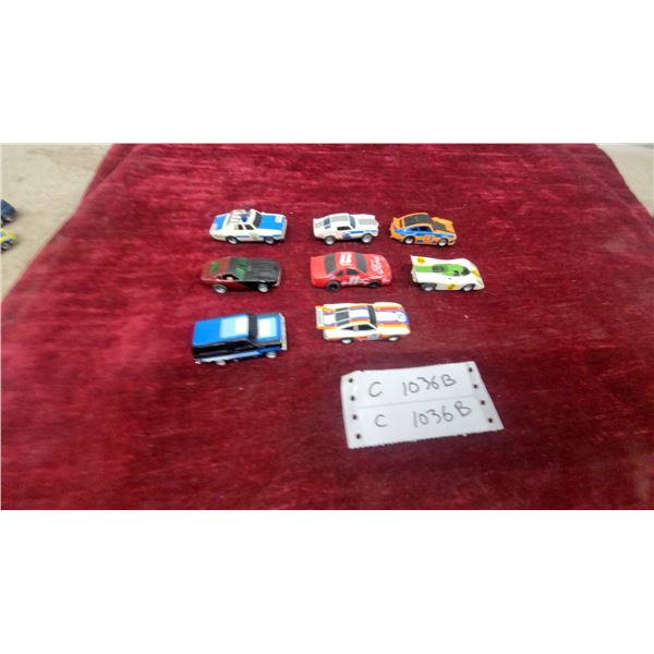 8x Vintage H.O. Slot Racing Game Cars Including Ford Racer, HY-71 Police Car, Goodyear Racer