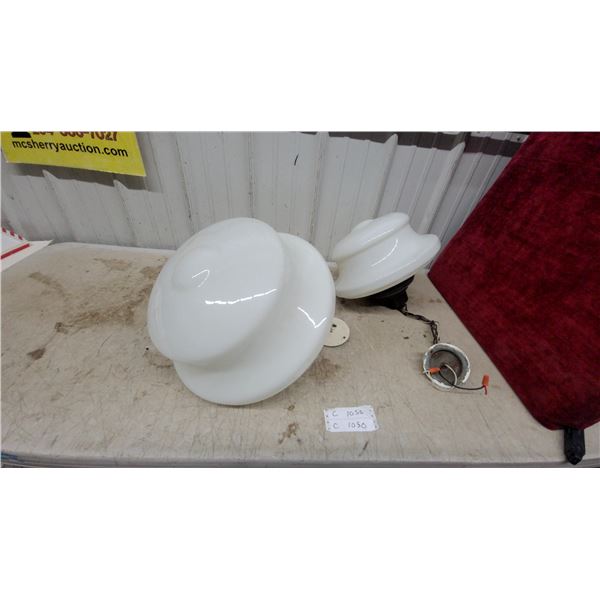Pair of Vintage White Milk Glass Ceiling Light Fixtures, Tiered Semi-Flush and Bell-Shaped