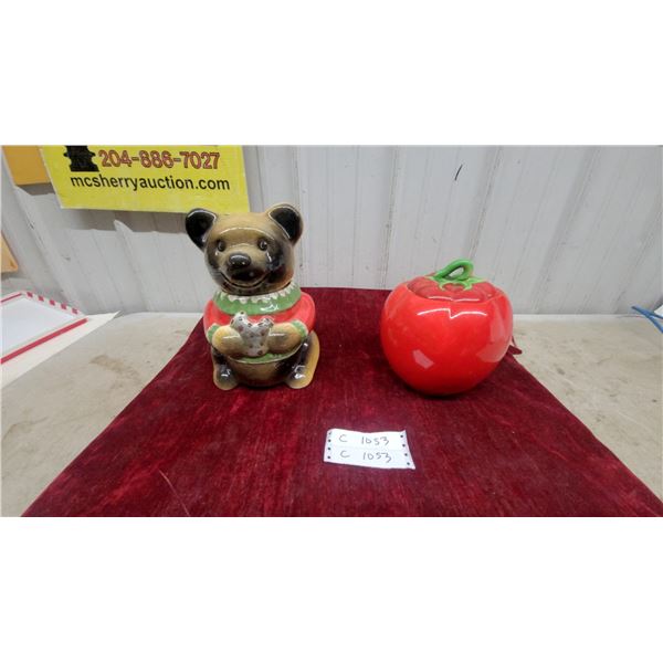 Ceramic Bear Cookie Jar with Red Sweater and Green Trim and Tomato Cookie Jar Vintage
