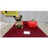 Image 1 : Ceramic Bear Cookie Jar with Red Sweater and Green Trim and Tomato Cookie Jar Vintage