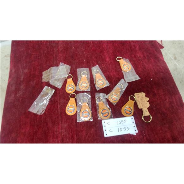 Gulf Oil Teardrop Leather Keychains with Blue and Orange Logo, Set of 9 N.O.S.