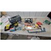Image 1 : Blue-Framed Hacksaw with Orange Blade, Staplers, Drill Bits, Hole Saws, DeWalt Bits and More