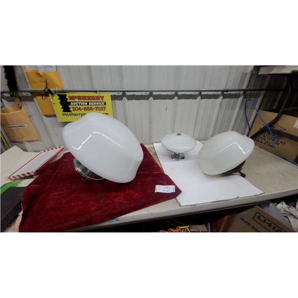 3 Vintage Milk Glass Flushmount Ceiling Light Fixtures with Chrome and Metal Mounting Hardware