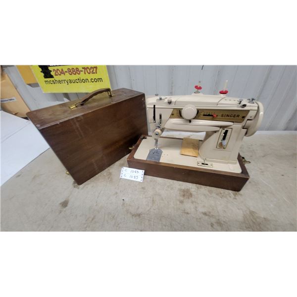 Singer Stylist Model 500 Sewing Machine, Mid-1960s, Cream Finish, Portable Wooden Case