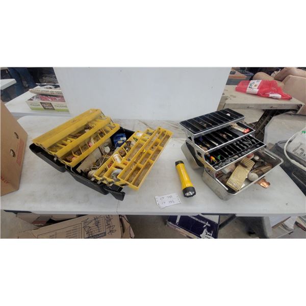Vintage Cantilever Metal Tackle Boxes with Fishing Lures, Sinkers, Bobbers, Hooks and More