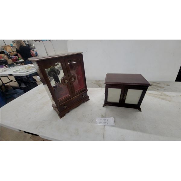 Pair of Dark Wood Miniature Jewery Boxes with Etched Glass and Brass Hardware