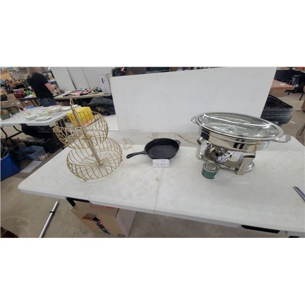 Stainless Steel Oval Chafing Dish with Glass Lid, Cast Iron Skillet, and More