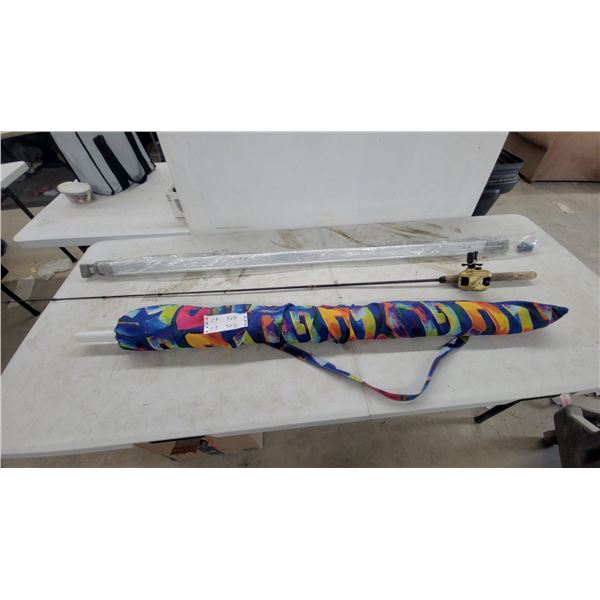Shimano Ultra Cast Baitcasting Rod and Reel, Patterned Beach Mat, and Window Blind Headrail