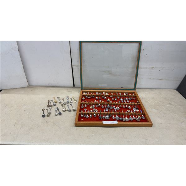 Collection of Souvenir Spoons Featuring State and Provincial Emblems in Glass-Top Wooden Display