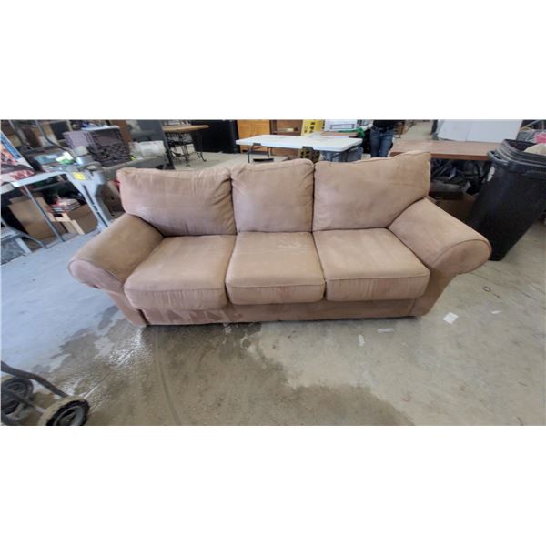 Tan Microfiber Upholstered Three-Seat Sofa with Rounded Armrests