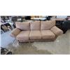 Image 1 : Tan Microfiber Upholstered Three-Seat Sofa with Rounded Armrests