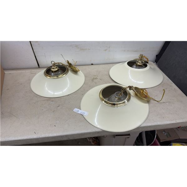 Three Vintage-Style Pendant Lights With Cream Metal Shades and Brass-Tone Hardware