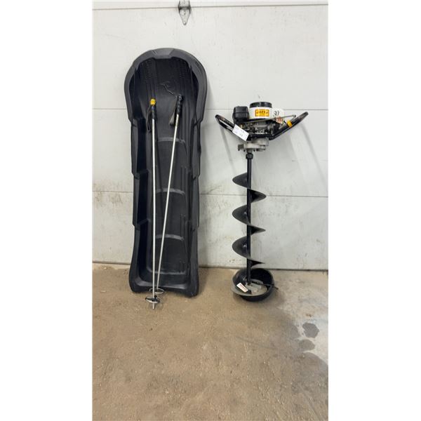 Jiffy Model 30 Gas-Powered Ice Drill Auger, Plastic Snow Sled, 66" Long and Ski Poles