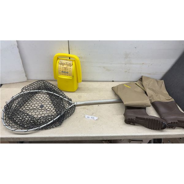Flambeau Bait Bucket, Aluminum Landing Net, and Cabela's Bootfoot Fishing Waders, Sz 12