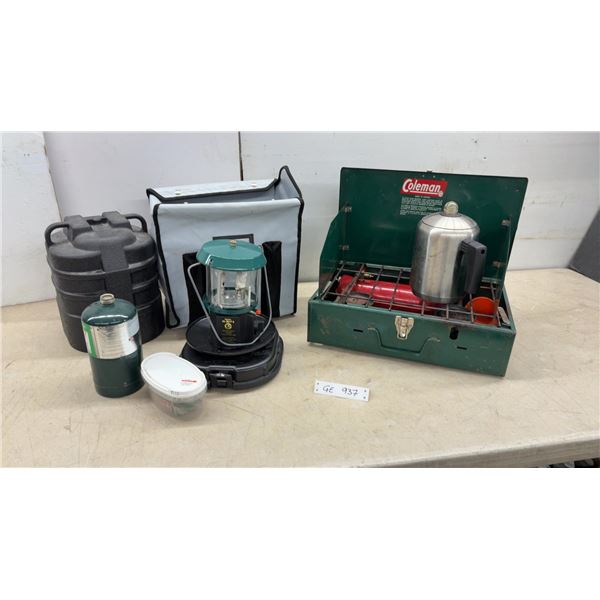 Vintage Coleman Model 421 Two-Burner Camping Stove, Propane Lantern, Coffee Pot and Tote