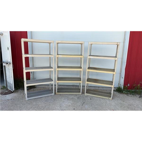 Three 5-Tier Plastic Shelving Units 72 x 18 x 36