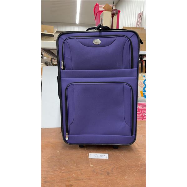 Jetstream Purple Two-Wheel Upright Rolling Suitcase with Exterior and Interior Zippered Pockets