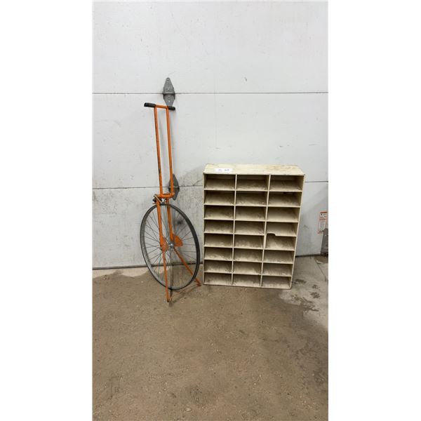 Measuring Wheel and Wooden 24-Compartment Cubby Shelf Sorter, 32 x 24 x 10"