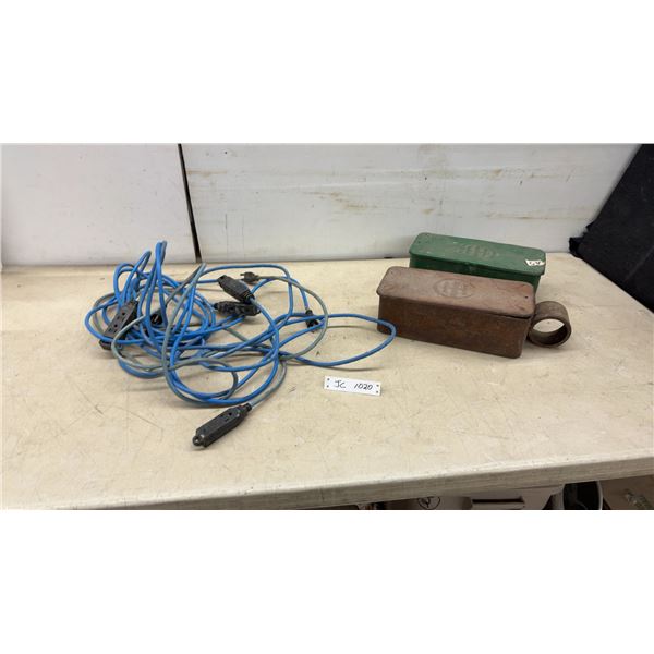 Vintage International Harvester Metal Toolboxes with Embossed Logo and Blue Extension Cords