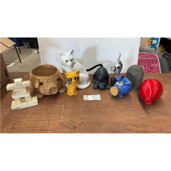 Assorted Cat & Pig Figurines & Baskets, Marble Inukshuk, & Red Balloon Sculpture
