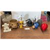 Image 1 : Assorted Cat & Pig Figurines & Baskets, Marble Inukshuk, & Red Balloon Sculpture