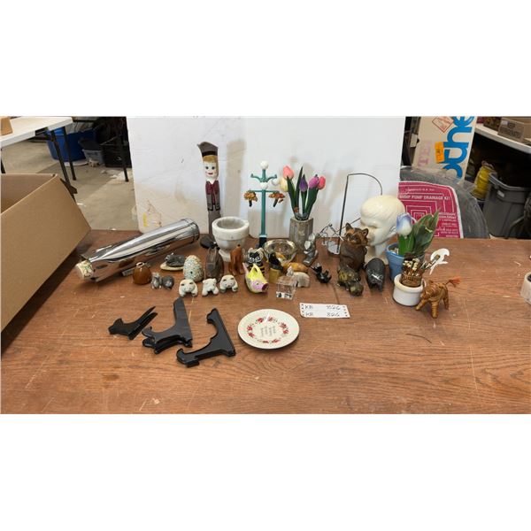 Vintage Cup Dispenser, Assorted Figurines, Faux Flowers, & More