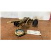 Image 1 : Two Brass Miniature Cannons, Brass & Glass Pocket Watch-Style Picture Frame, & Cast Iron Penguin