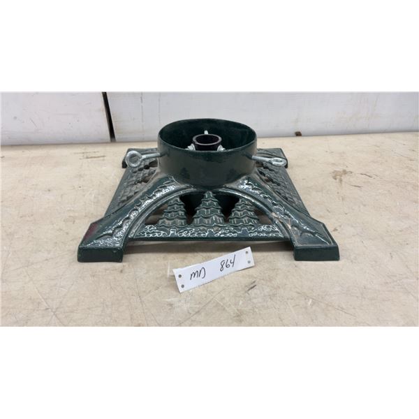 Cast Iron Christmas Tree Stand with Decorative Evergreen Pattern and Eye Bolt Tree Supports